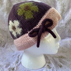 Anthropologie Wool Blend Hat Crochet Knit Flowers Bow Cottage Core